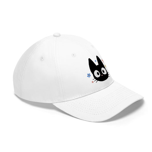 White ball cap featuring a Studio Ghibli-inspired black cat design resembling Jiji - a trendy and fun accessory for fans of the beloved character.